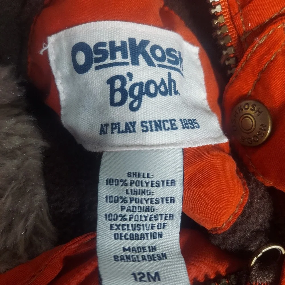 OshKosh‎ B'gosh Puffer Coat Faux Fur Hooded Warm Winter Jacket 12M orange READ!